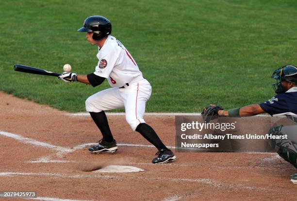 ValleyCat Bobby Boyd lays down a sacrifice bunt during their baseball game against the Vermont Lake Monsters at Joe Bruno Stadium on Tuesday June 14,...