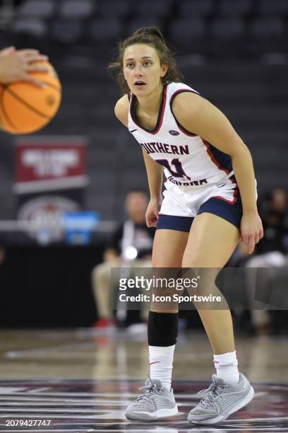 Southern Indiana Screaming Eagles Guard Addy Blackwell defends during the Ohio Valley Conference Championship game between the Southern Indiana...