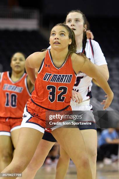 Martin Skyhawks Forward Sophie Singleton looks to rebound during the Ohio Valley Conference Championship game between the Southern Indiana Screaming...