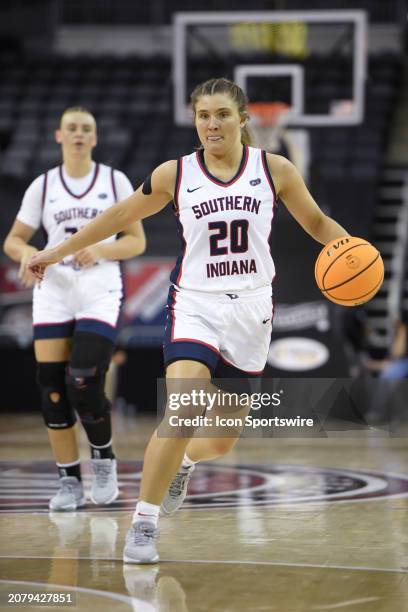 Southern Indiana Screaming Eagles Guard Vanessa Shafford dribbles during the Ohio Valley Conference Championship game between the Southern Indiana...