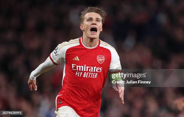 Martin Odegaard of Arsenal celebrates during the UEFA Champions League 2023/24 round of 16 second leg match between Arsenal FC and FC Porto at...