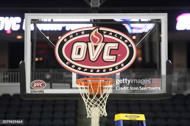 An OVC logo is seen on the backboard after the Ohio Valley Conference Championship game between the Southern Indiana Screaming Eagles and the UT...