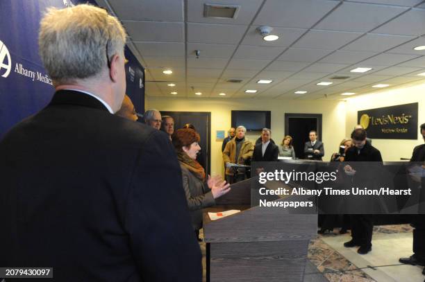 Mayor Kathy Sheehan and Albany Med CEO James Barba announce the medical center's purchase of former LexisNexis building on Friday Jan. 9, 2015 in...