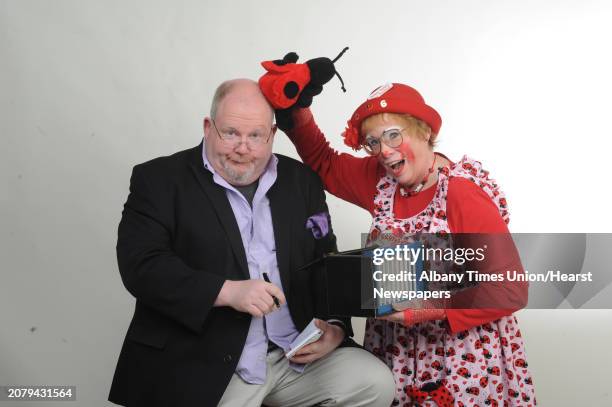 Ladybug the clown and Steve Barnes on Tuesday April 28, 2015 in Colonie, N.Y.