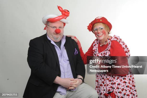 Ladybug the clown and Steve Barnes on Tuesday April 28, 2015 in Colonie, N.Y.