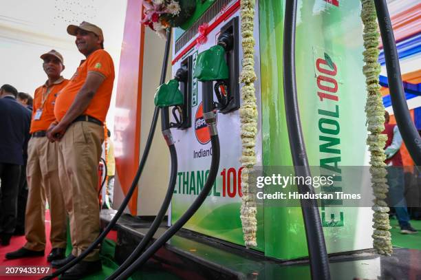 Ethanol-blended Petrol seen available on a Petrol Pump after the launch of 'Ethanol 100' at Indian Oil's Irwin Road Service Station on March 15, 2024...