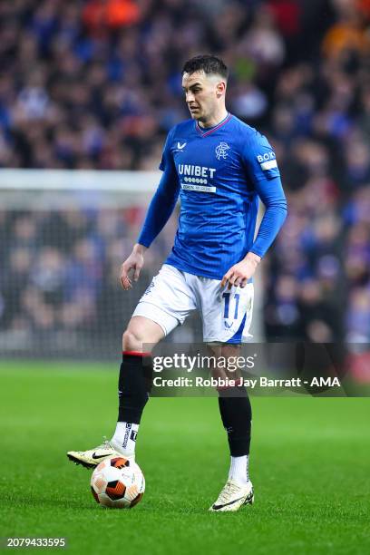 Tom Lawrence of Rangers during the UEFA Europa League 2023/24 round of 16 second leg match between Rangers FC and SL Benfica at Ibrox Stadium on...