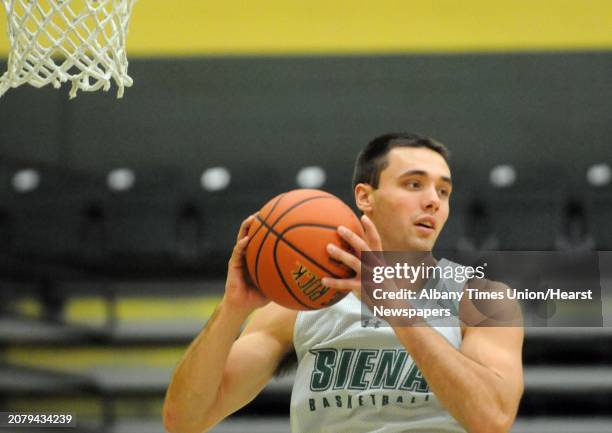 Siena College men's basketball junior forward Brett Bisping during practice on Thursday Oct. 8, 2015 in Loudonviile , N.Y.