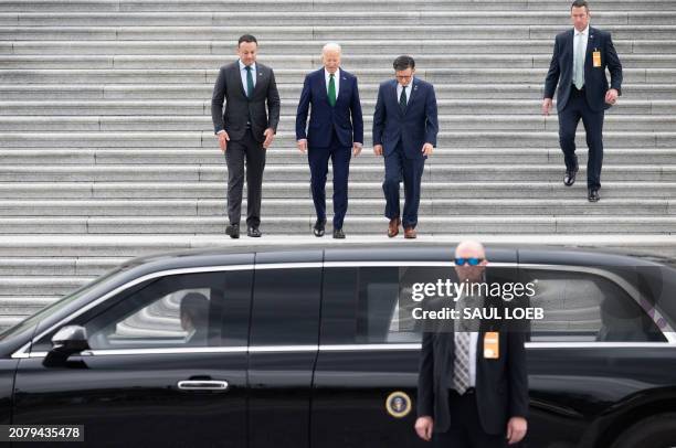 Irish Taoiseach Leo Varadkar, US President Joe Biden, with Speaker of the House Mike Johnson, depart after the annual Friends of Ireland luncheon, at...