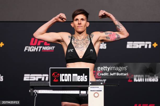 Macy Chiasson poses on the scale during the UFC Fight Night weigh-in at UFC APEX on March 15, 2024 in Las Vegas, Nevada.