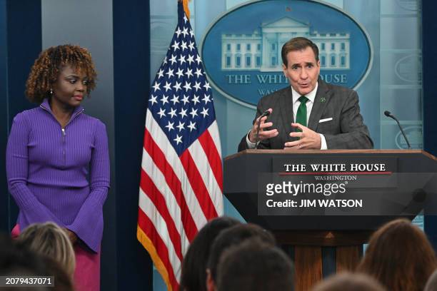 White House Press Secretary Karine Jean-Pierre and US National Security Council spokesman John Kirby take questions from reporters during the daily...