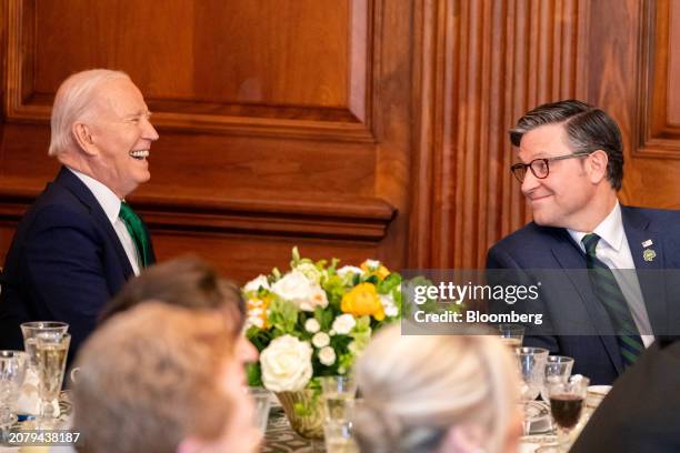 President Joe Biden, left, and House Speaker Mike Johnson, a Republican from Louisiana, right, during the annual Friends of Ireland luncheon at the...