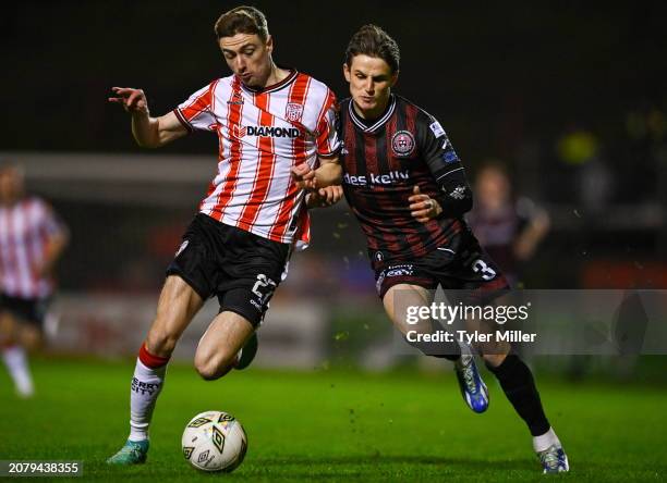 Dublin , Ireland - 15 March 2024; Daniel Kelly of Derry City in action against Paddy Kirk of Bohemians during the SSE Airtricity Men's Premier...