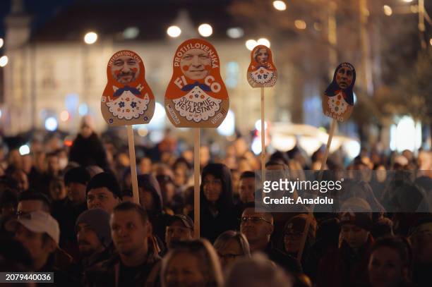 Thousands of demonstrators gather in the main square to protest against Robert Fico, the prime minister of the SMER political party, and his...