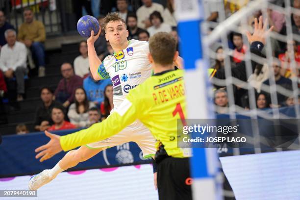 Slovenia's left wing Stas Slatinek Jovicic attempts a shoot in spite of Spain's goalkeeper Gonzalo Perez de Vargas during the qualifying handball...