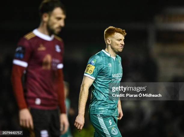 Galway , Ireland - 15 March 2024; Rory Gaffney of Shamrock Rovers, right, leaves the pitch at half-time during the SSE Airtricity Men's Premier...