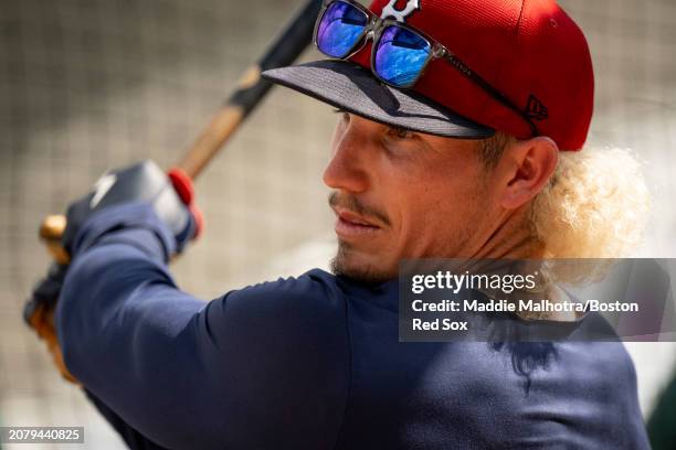 Jarren Duran of the Boston Red Sox takes batting practice before a game against the Minnesota Twins at JetBlue Park at Fenway South on March 15, 2024...