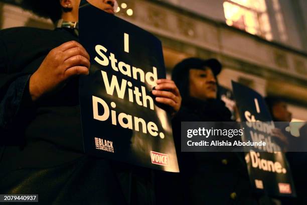 People gather outside of Hackney Town Hall in solidarity with MP Dianne Abbott on March 15, 2024 in London, England. Hackney Constituents attend a...