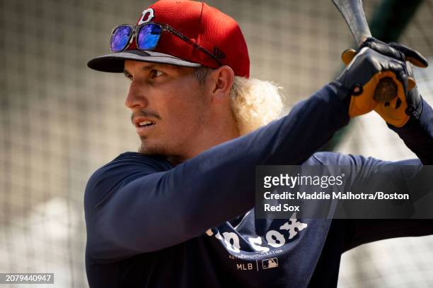 Jarren Duran of the Boston Red Sox takes batting practice before a game against the Minnesota Twins at JetBlue Park at Fenway South on March 15, 2024...