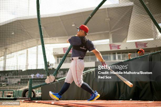 Masataka Yoshida of the Boston Red Sox takes batting practice before a game against the Minnesota Twins at JetBlue Park at Fenway South on March 15,...
