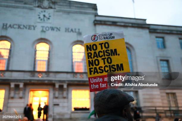 People gather outside of Hackney Town Hall in solidarity with MP Dianne Abbott on March 15, 2024 in London, England. Hackney Constituents attend a...