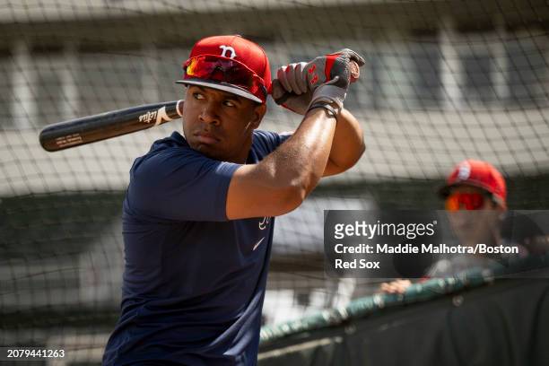Enmanuel Valdez of the Boston Red Sox takes batting practice before a game against the Minnesota Twins at JetBlue Park at Fenway South on March 15,...