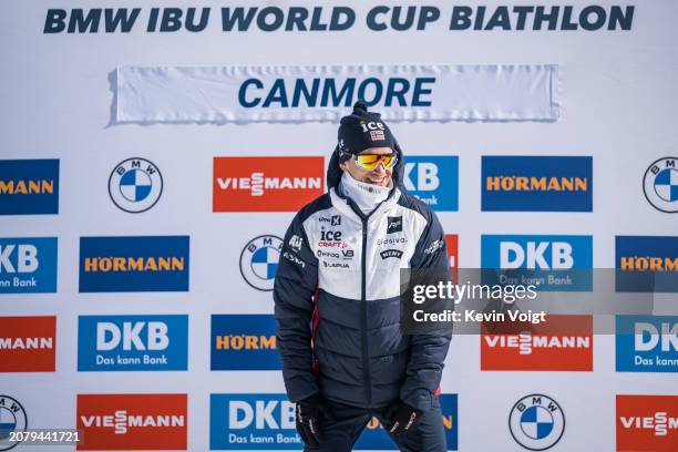 Tarjei Boe of Norway with the trophy during the award ceremony for the sprint world cup score after the Men 10 km Sprint at the BMW IBU World Cup...