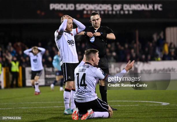 Louth , Ireland - 15 March 2024; Daryl Horgan, left, and Cameron Elliott of Dundalk react to a decision by Referee Kevin O'Sullivan during the SSE...