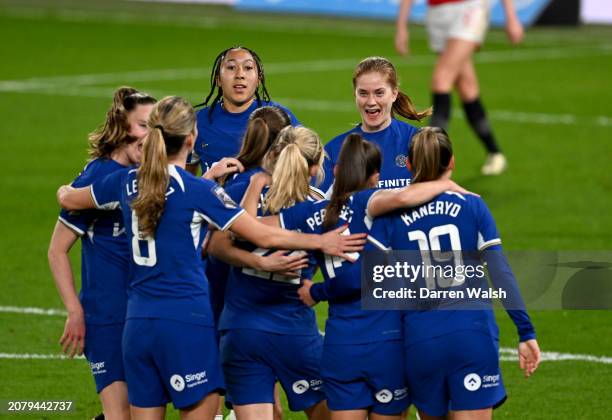 Lauren James and Sjoeke Nusken of Chelsea as they Celebrate Chelsea 2nd goal during the Barclays Women¥s Super League match between Chelsea FC and...