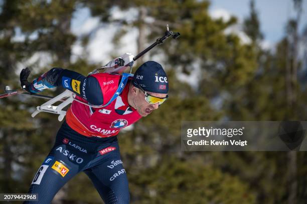 Tarjei Boe of Norway in action during the Men 10 km Sprint at the BMW IBU World Cup Biathlon on March 15, 2024 in Canmore, Canada.