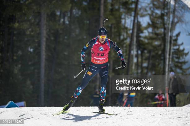 Tarjei Boe of Norway in action during the Men 10 km Sprint at the BMW IBU World Cup Biathlon on March 15, 2024 in Canmore, Canada.