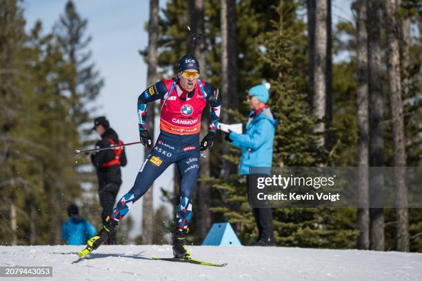 Tarjei Boe of Norway in action during the Men 10 km Sprint at the BMW IBU World Cup Biathlon on March 15, 2024 in Canmore, Canada.