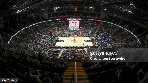 High view of the T-Mobile Center in the first half of a Big 12 tournament quarterfinal game between the Cincinnati Bearcats and Baylor Bears on Mar...