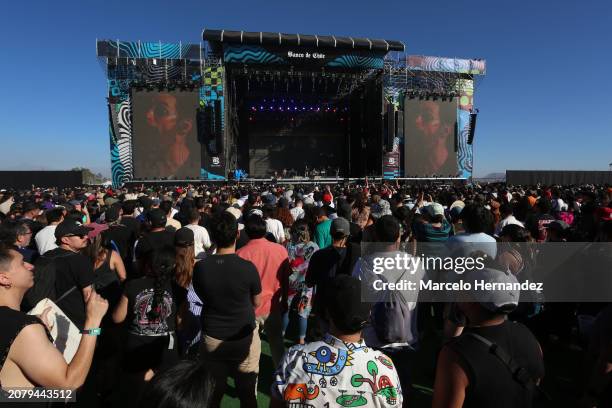 Fans cheer during day 1 of Lollapalooza 2024 at Parque Cerrillos on March 15, 2024 in Santiago, Chile.