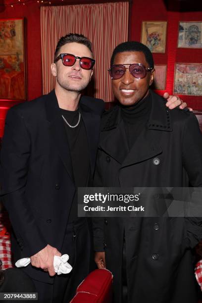 Justin Timberlake and Babyface attend Justin Timberlake's 'EVERYTHING I THOUGHT IT WAS' Album Release Party at Dan Tana's on March 14, 2024 in West...