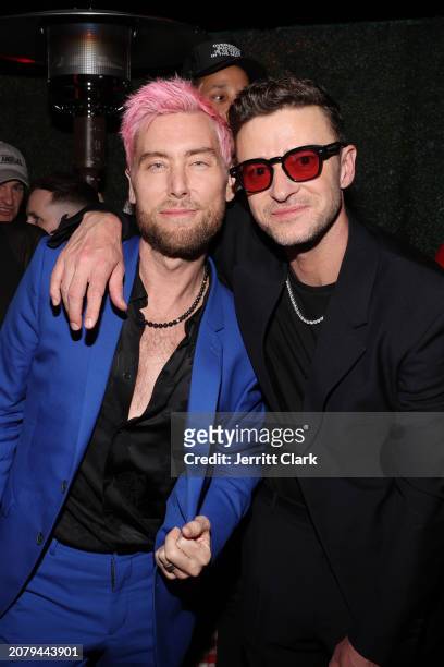 Lance Bass and Justin Timberlake attend Justin Timberlake's 'EVERYTHING I THOUGHT IT WAS' Album Release Party at Dan Tana's on March 14, 2024 in West...
