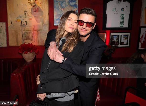 Jessica Biel and Justin Timberlake attend Justin Timberlake's 'EVERYTHING I THOUGHT IT WAS' Album Release Party at Dan Tana's on March 14, 2024 in...