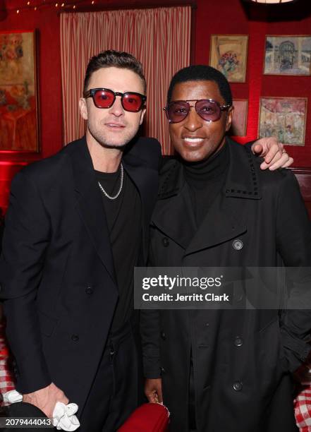 Justin Timberlake and Babyface attend Justin Timberlake's 'EVERYTHING I THOUGHT IT WAS' Album Release Party at Dan Tana's on March 14, 2024 in West...