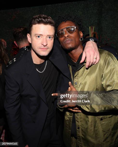 Justin Timberlake and Lucky Daye attend Justin Timberlake's 'EVERYTHING I THOUGHT IT WAS' Album Release Party at Dan Tana's on March 14, 2024 in West...