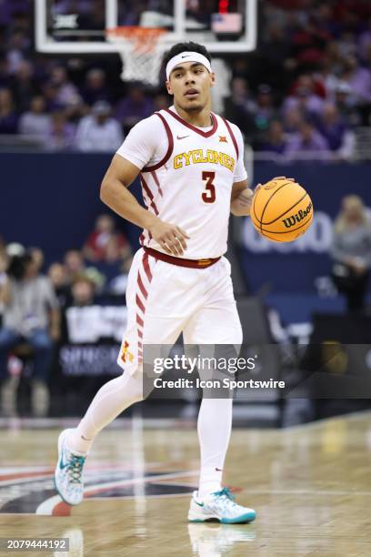 Iowa State Cyclones guard Tamin Lipsey with the ball in the second half of a Big 12 tournament quarterfinal game between the Kansas State Wildcats...