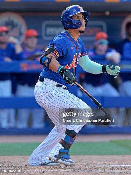 Vincent Perozo of the New York Mets watches his RBI single during the bottom of the fifth inning of a spring training game against the Washington...