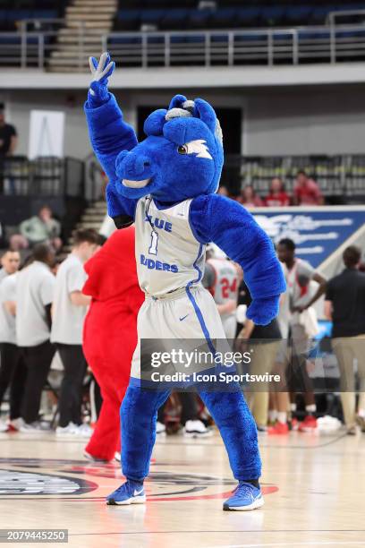 Middle Tennessee Blue Raiders mascot dances during a timeout in the semifinal game of the 2024 Conference USA Men's Basketball Championship between...