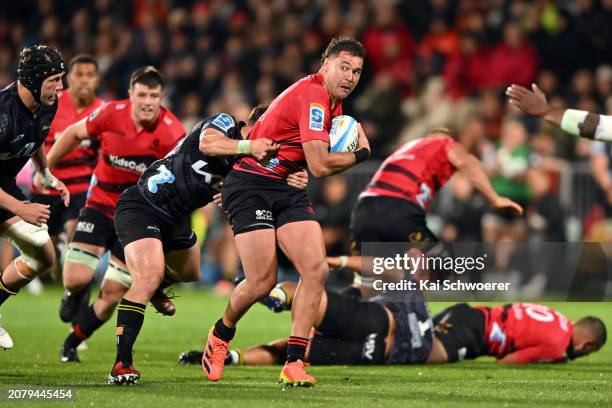 David Havili of the Crusaders charges forward during the round four Super Rugby Pacific match between the Crusaders and Hurricanes at Apollo Projects...