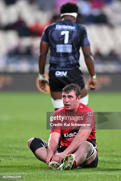 Dominic Gardiner of the Crusaders reacts during the round four Super Rugby Pacific match between the Crusaders and Hurricanes at Apollo Projects...