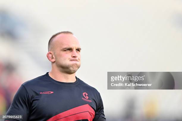 Tom Christie of the Crusaders looks on prior to the round four Super Rugby Pacific match between the Crusaders and Hurricanes at Apollo Projects...