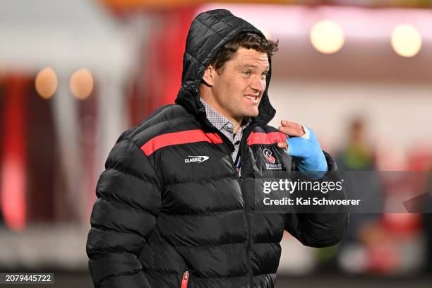 Scott Barrett of the Crusaders reacts following the round four Super Rugby Pacific match between the Crusaders and Hurricanes at Apollo Projects...