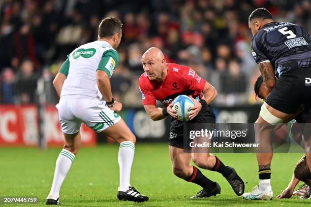 Willi Heinz of the Crusaders charges forward during the round four Super Rugby Pacific match between the Crusaders and Hurricanes at Apollo Projects...