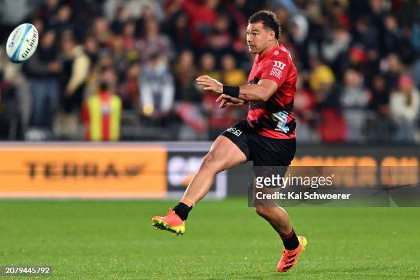 David Havili of the Crusaders kicks the ball during the round four Super Rugby Pacific match between the Crusaders and Hurricanes at Apollo Projects...
