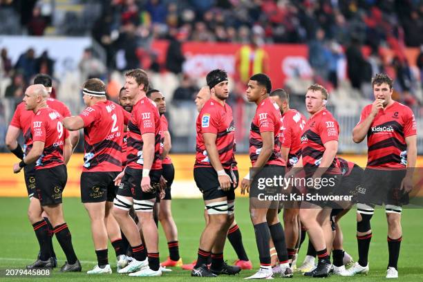 Quinten Strange of the Crusaders and his team mates look on prior to the round four Super Rugby Pacific match between the Crusaders and Hurricanes at...