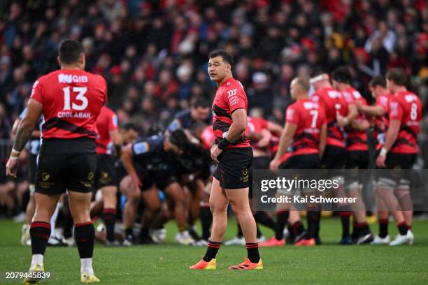 David Havili of the Crusaders looks on during the round four Super Rugby Pacific match between the Crusaders and Hurricanes at Apollo Projects...